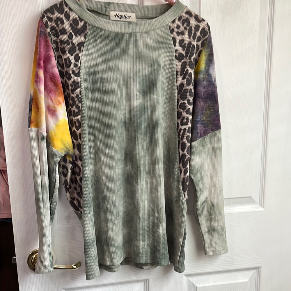 Haptics Tie-Dye and Leopard Print Long Sleeve Top